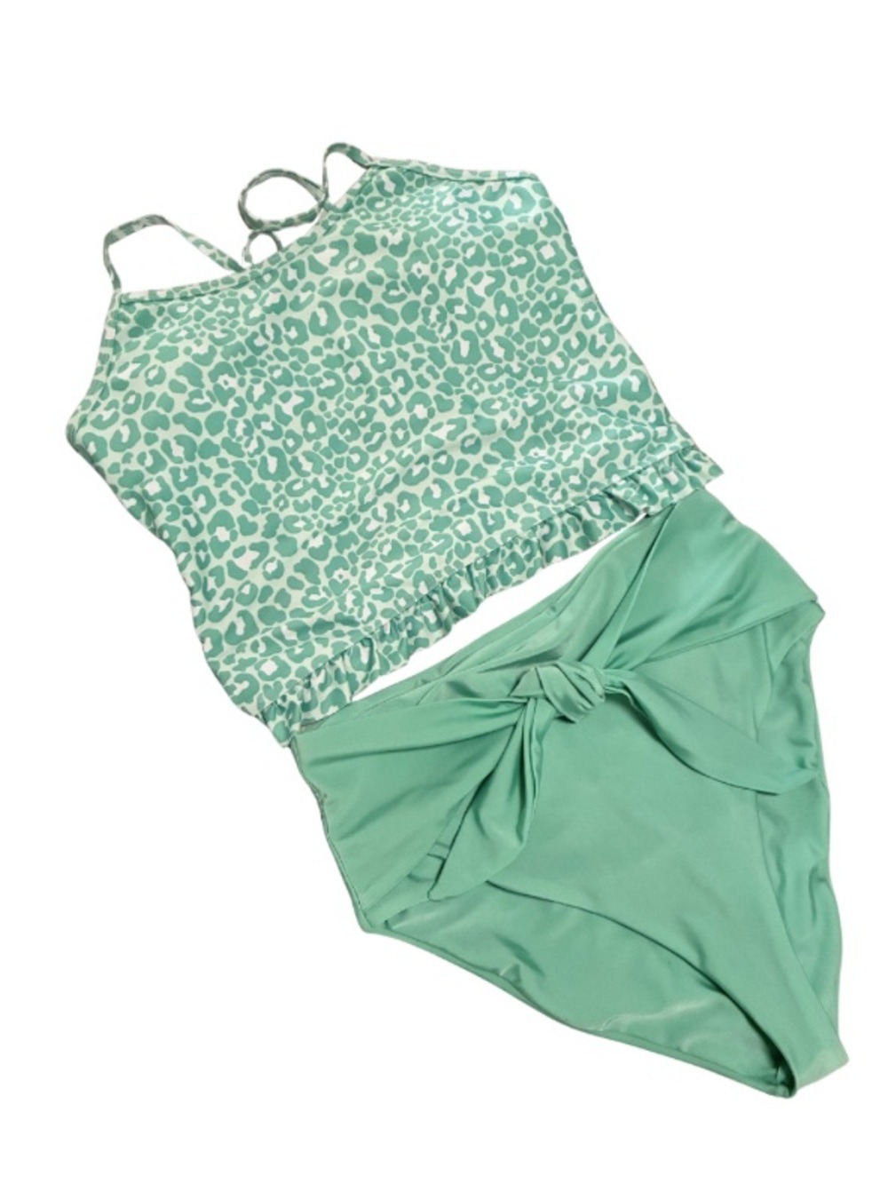 Mint Green Two-Piece Swim Set with Leopard Print Tank